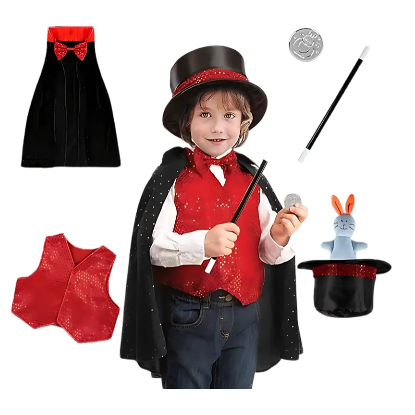 Ultimate Magician Costume Set with Cloak, Top Hat, Wand, Coin and Rabbit (1)